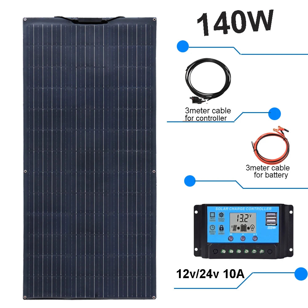 Zonnepaneel - Zonnepanelen - Zonne-energie - Zonne-kit - Fotovoltaïsch Paneelsysteem - 140W -  Waterdicht - voor Boot - Camper - Caravan - RV - Tuin - QUORE