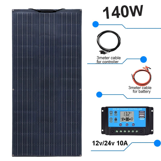 Zonnepaneel - Zonnepanelen - Zonne-energie - Zonne-kit - Fotovoltaïsch Paneelsysteem - 140W -  Waterdicht - voor Boot - Camper - Caravan - RV - Tuin - QUORE