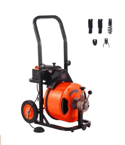 Elektrische Afvoerreiniger - Ontstoppingsveer - Rioolreinigersveer - Afvoerontstopper - 4 Snijbladen - 1800RPM Motor - 100FT - Opvouwbare - Handgreep - en Wielen - Voor Afvoeren - Toiletten - Goten