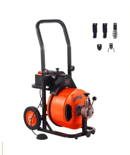 Elektrische Afvoerreiniger - Ontstoppingsveer - Rioolreinigersveer - Afvoerontstopper - 4 Snijbladen - 1800RPM Motor - 75FT - Opvouwbare - Handgreep - en Wielen - Voor Afvoeren - Toiletten - Goten