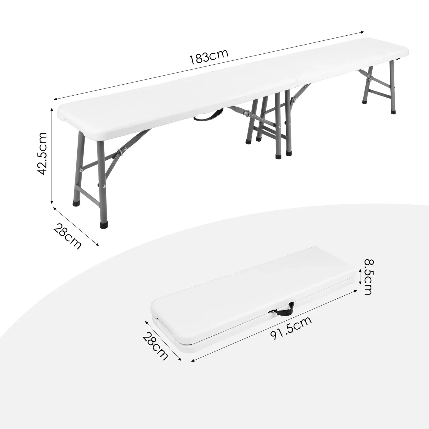 Opvouwbare Kunststof Bank - 2 Stuks Opvouwbare Kunststof Bank met Handvat - Voor Tuin - Camping & Balkon - Draagbare kruk -  183x28x43 cm - Wit - Voor Tuin, Camping & Binnengebruik