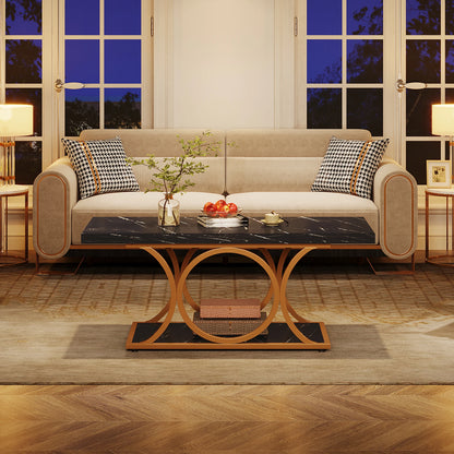 Salontafel – Woonkamertafel – Tafel – 2-laags – Marmeren Look – Gouden Metalen Frame – Krasbestendig Melamine