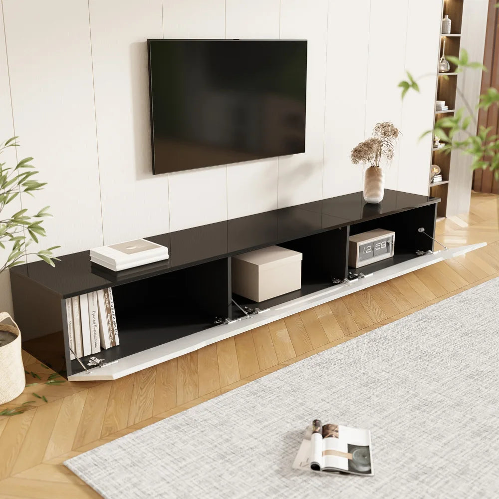 Zwart-wit TV-meubel – Tv-kast – Tv-bord – Wandmeubel – Zwevend Tv-meubel – 180 cm breed – 16-kleuren LED verlichting via app