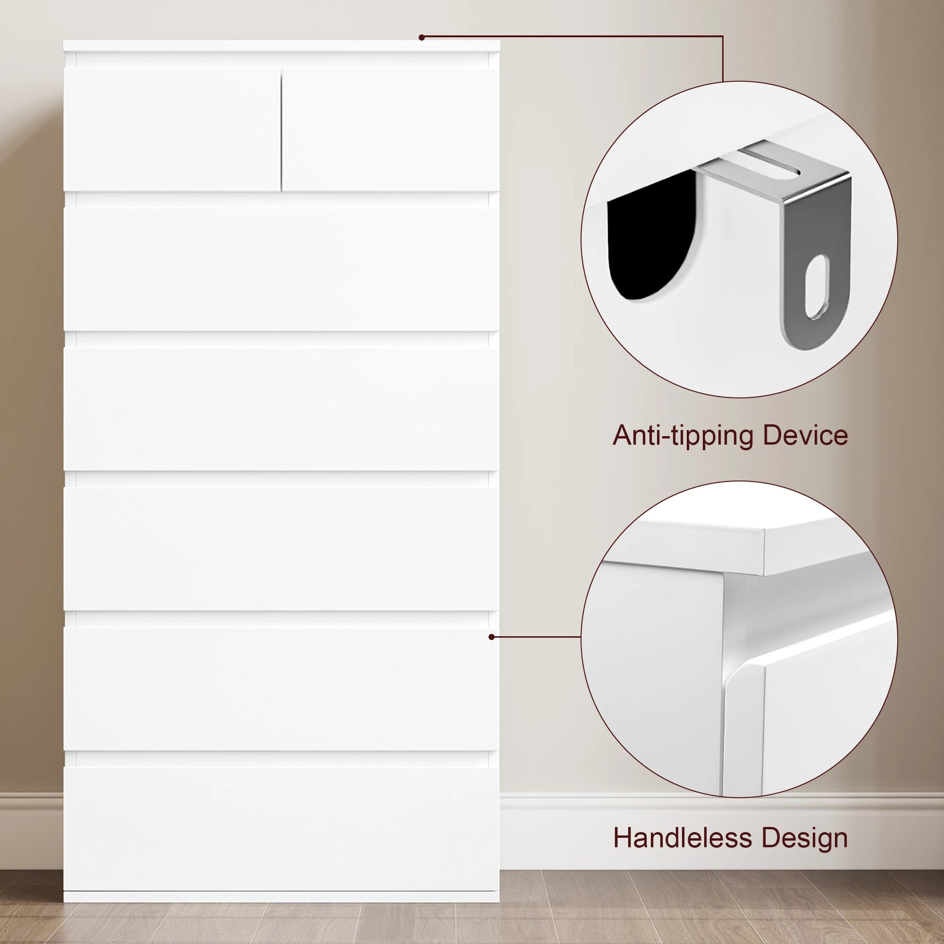 Getone Chest of Drawers Bedroom, Tall Chest of Drawers with 7 Drawers, Bedroom Furniture Storage Cupboard Cabinet  Bedroom Dresser, for Living Room Hallway 60x40x119cm - QUORE