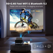 Mini Beamer - Projector - Digitale projector - 145° verstelbare standaard Miniprojector met WiFi en Bluetooth - 1080P - 18000 lumen - Draagbare projector - Autofocus - Schermschaal 16:09 - Compatibel met HDMI - Stroom - USB - Zwart