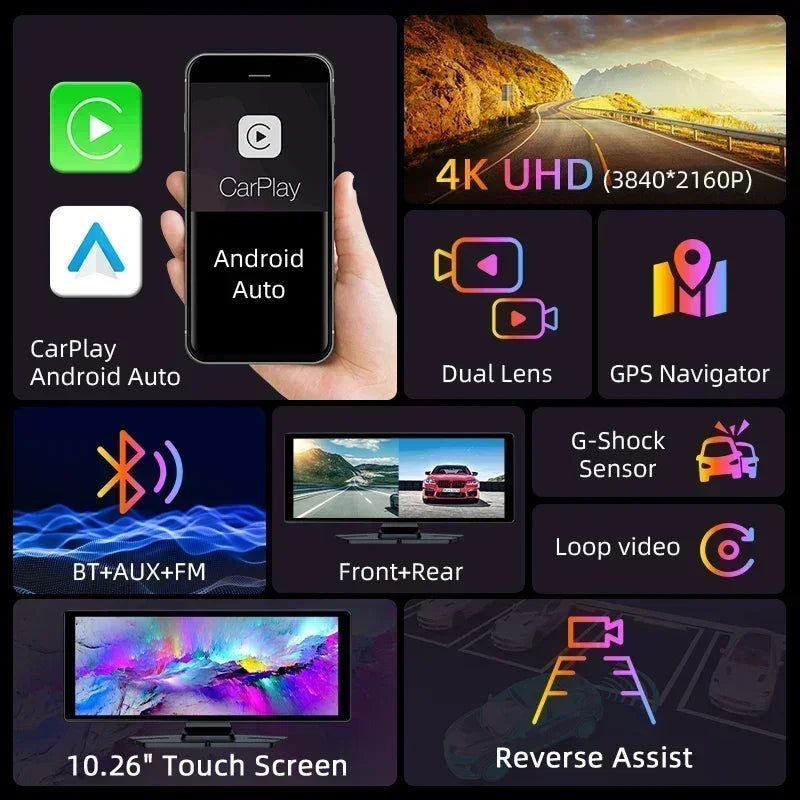 Dashcam voor Auto - 10.26” 4K Dashcam – CarPlay & Android Auto – 350° Rotatie – 6M AHD Achtercamera – Nachtzicht & Rijassistentie - Zwart