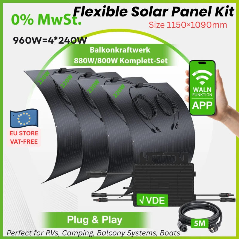 960W Balkon Zonne-energie Set – Flexibel Zonnepaneel Kit – Balkon Solar Kit – Draagbaar Zonne-energie Systeem – Off-Grid Zonnepaneel Set – Plug & Play Snel Installeren – IP67 Weerbestendig - QUORE