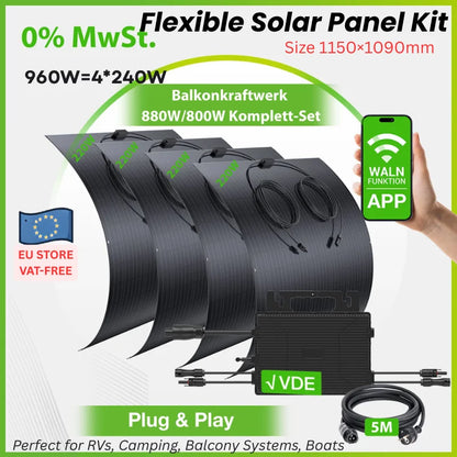 960W Balkon Zonne-energie Set – Flexibel Zonnepaneel Kit – Balkon Solar Kit – Draagbaar Zonne-energie Systeem – Off-Grid Zonnepaneel Set – Plug & Play Snel Installeren – IP67 Weerbestendig - QUORE
