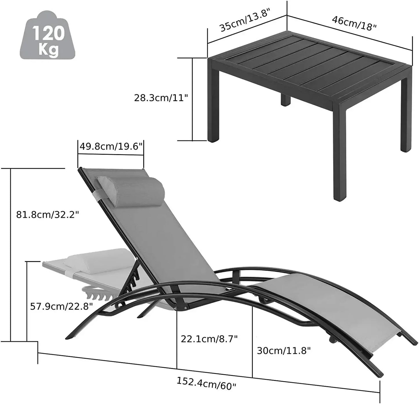 3-Delige Loungeset – Buitenmeubilair – Verstelbare Rugleuning – Aluminium Frame – Ligstoel – Tuinset – Weerbestendig - Zwart