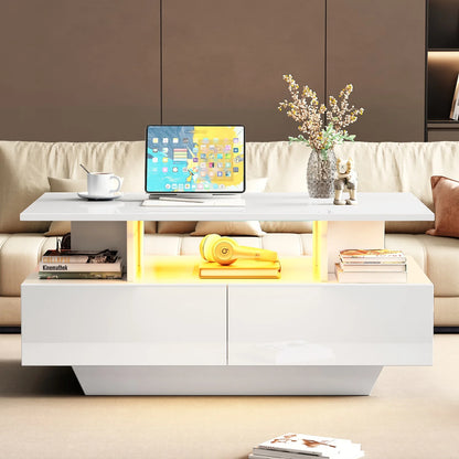 Salontafel – Koffietafel – Tafel – Woonkamertafel – Theetafel – Wit – Hoogglans – LED-Verlichting – 2 Lade – 90x55x41 cm
