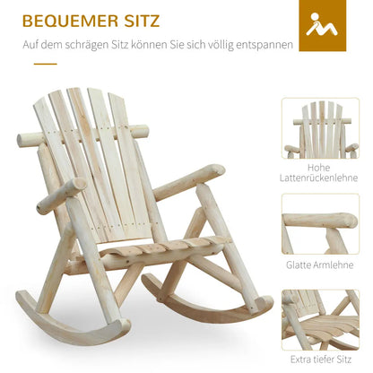 Houten Schommelstoel – Schommelstoel Voor Binnen – Tuinstoel – Balkonstoel – Ergonomisch Zitvlak – Natuurlijk Dennenhout – Extra Hoge Rugleuning - Witte Rijst