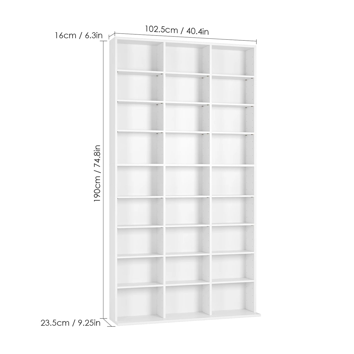 Hoge Boekenkast – Boekenkast – Cd Rek – Dvd Kast – Opbergkast – Wit Hout – 27 Verstelbare Vakken – 190 cm Hoog