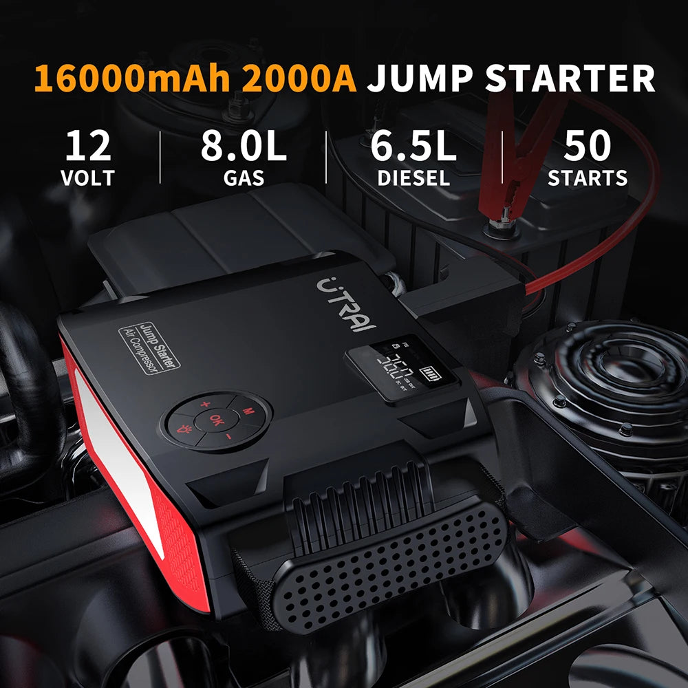 Utrai - JS-5 - Jumpstarter voor Auto - Startkabels - Starthulp - Luchtcompressor - 150PSI - 4 in 1 - 12V - 2000A - Jumpstarters - Powerbank 16000mAh - Zwart - QUORE