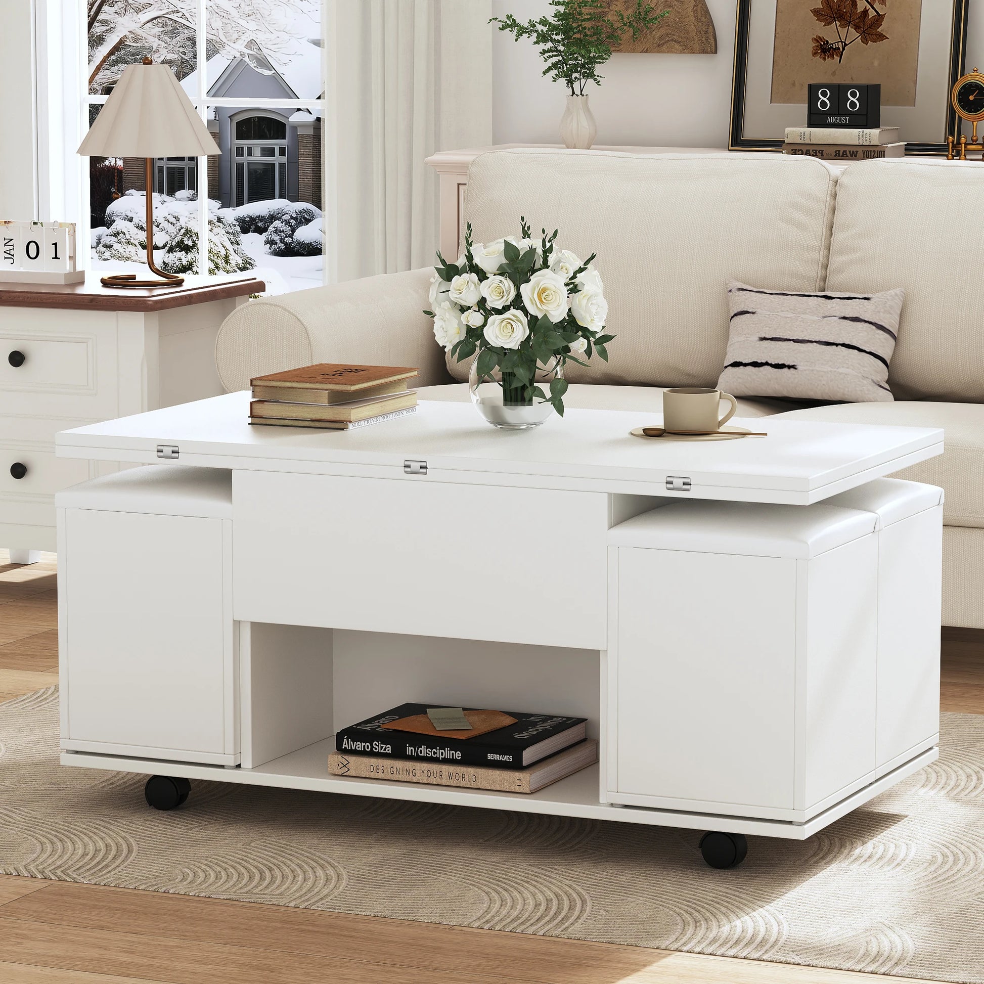 Liftable multifunctional coffee table - the desktop can be opened into 2 tables, large capacity, multifunctional table - QUORE