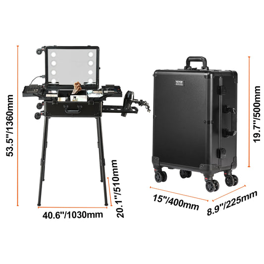 Make-up Box - Make-up Organizer - Make Up Set - Storage Box - Extra Large - Make-up Cosmetics - Storage for Make-up - with Handle, Wheels and Support Legs - Black