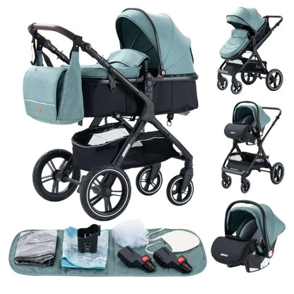 Wandelwagen - Kinderwagen 3 in 1 - Kinderwagen - Opklapbare Wandelwagen - Luxe Kinderwagen - 3-in-1 Wandelwagen voor Pasgeborenen – Reisvriendelijk, Opvouwbaar en Aluminium Frame - X1 Green