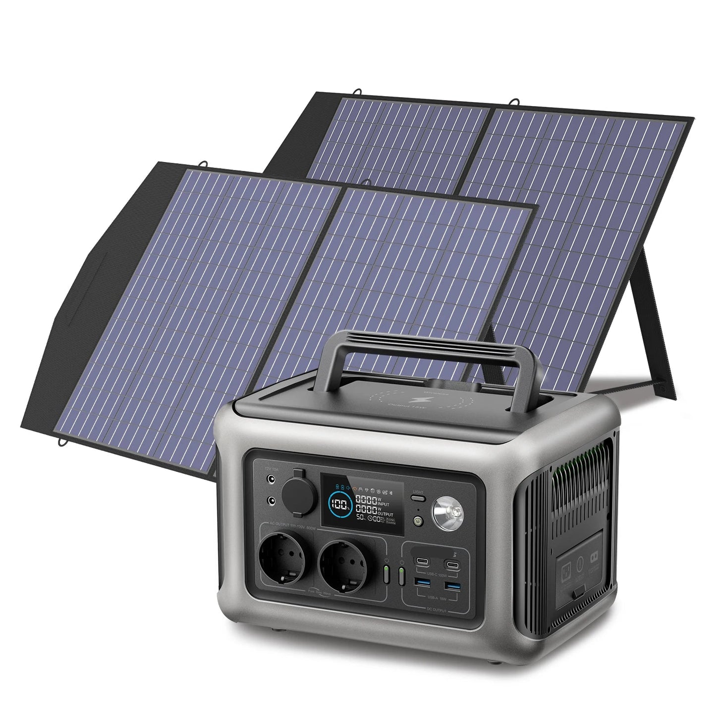 Powerstation - Generator - Aggregaat - Powerbank - Draagbare - 299Wh LiFePO4 - met 600W AC Uitgang en 2x 100W Zonnepaneel - voor Off-Grid, Camping en Noodstroom