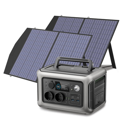 Powerstation - Generator - Aggregaat - Powerbank - Draagbare - 299Wh LiFePO4 - met 600W AC Uitgang en 2x 100W Zonnepaneel - voor Off-Grid, Camping en Noodstroom
