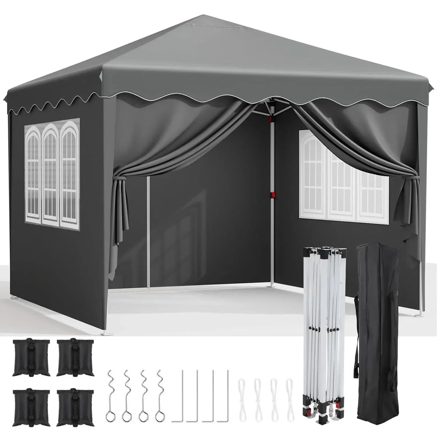 Partytent Opvouwbaar - Tuinpaviljoen - Easy Up Partytent - 3x3m - Pop Up Canopy - Zijwanden – Outdoor Winter Gazebo – Verstelbare - Hoogte Poten – Ramen - Draagtas - UV - Bescherming - Grijs - QUORE