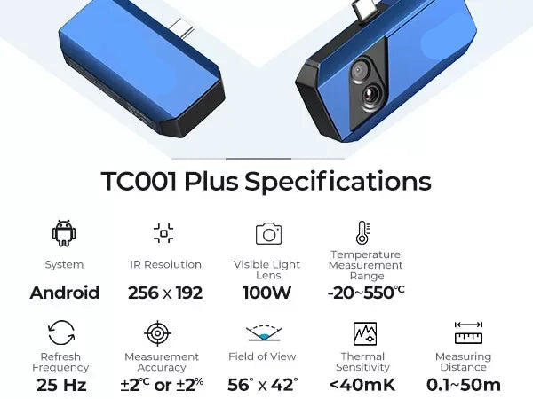 Warmtebeeldcamera - Thermische Camera - Warmtecamera - Infrarood Camera -  256×192 Pixels – 100W Zichtbaar Lichtlens – Hoge Resolutie Infrarood Handheld – Compatibel met Android Tablets