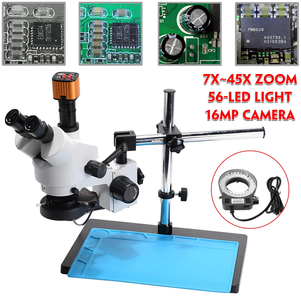Stereo Microscoop – Stereomicroscoop – Zoom Microscoop – Binoculaire Microscoop – Laboratorium Microscoop – 7x-45x Verstelbare Vergroting – 56-LED Ringlicht - Wit