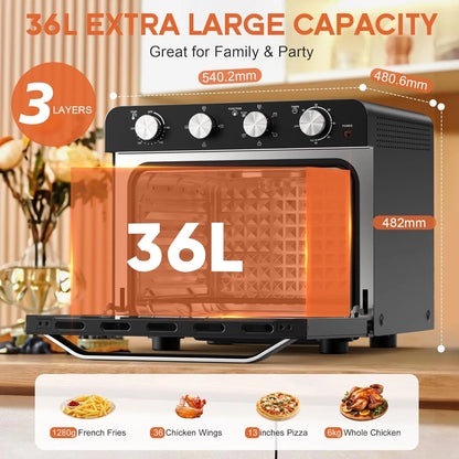Airfryer Oven - Hetelucht Friteuse - Vrijstaande Oven - Pizzaoven - 36L - 2000W - 10-in-1 Functies - Digitale Timer & Temperatuur - Dubbel Glas - RVS