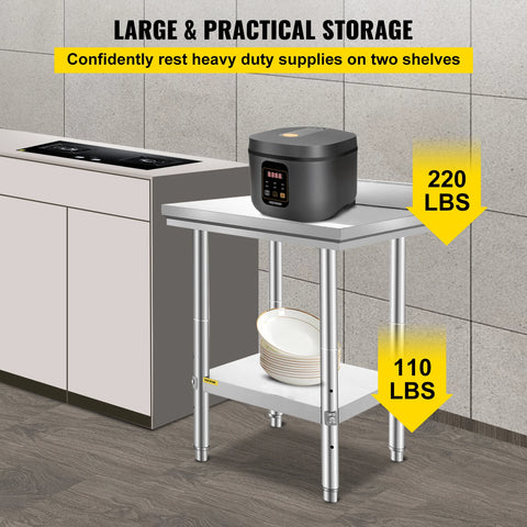 Keukeneiland - Keukenwerkbank - Keukenwerktafel - Keukentafel - Roestvrijstalen Keukenwerktafel - Horeca Werkbank - 24x24x35 inch 330LBS - met Onderblad - voor Restaurant Garage