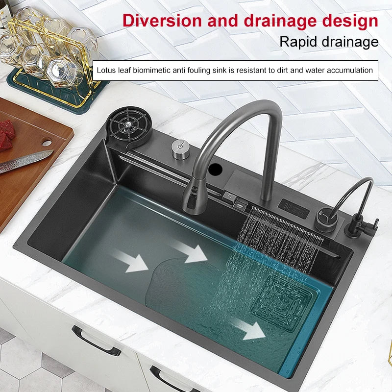 Stainless Steel Kitchen Sink Digital Display Large Single Slothotel Multifunction Wash Basin With Waterfall Faucet   Apartment