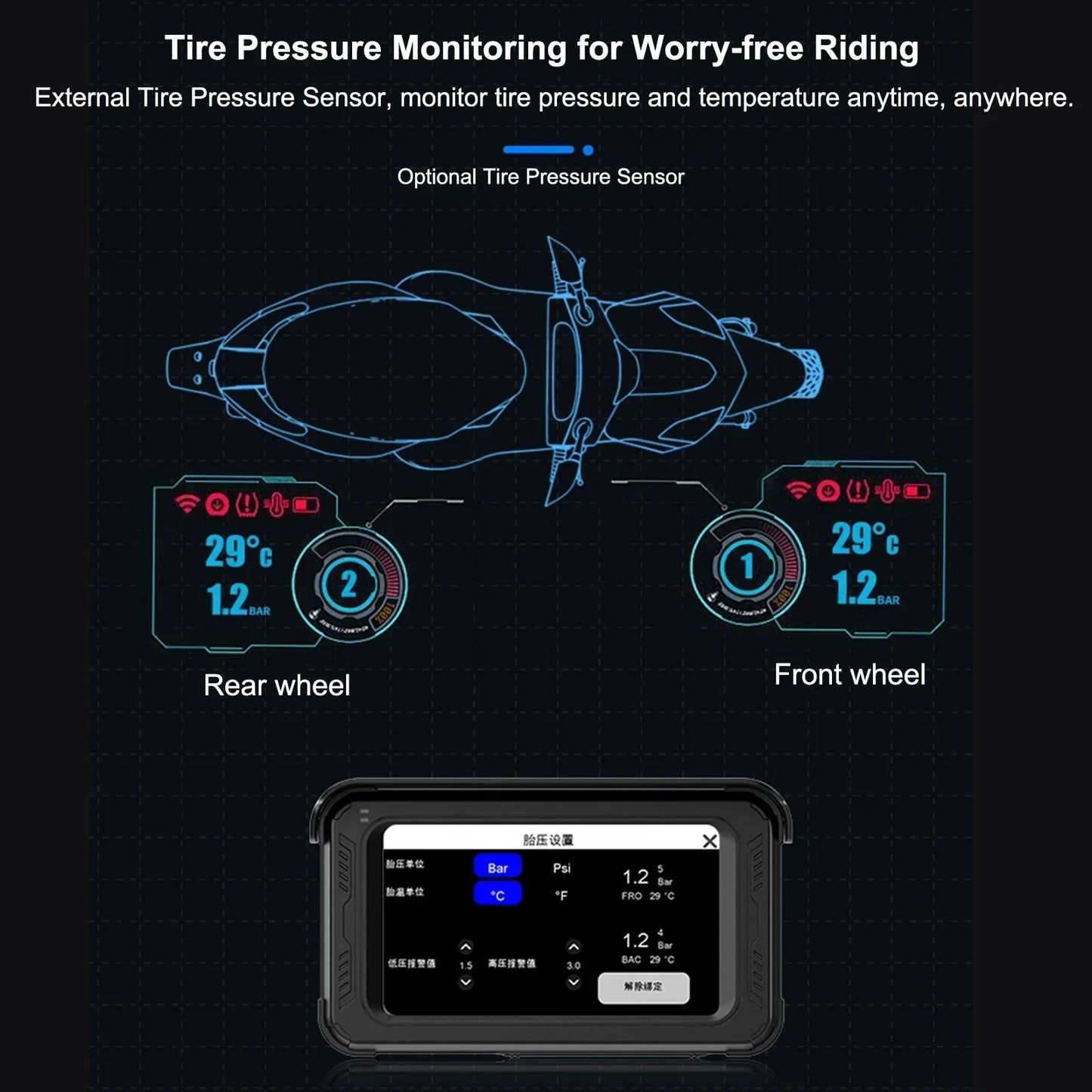 5 Inch Motorcycle GPS Navigation Wireless Carplay Android Auto Player Tire Pressure Detector Dual Cameras Recorder GPS Tracking