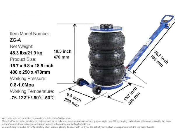 Pneumatische Krik - Autokrik - Garagekrik - Krik - 5 Ton - Verstelbare Triple Bag Air Jack met Wielen en Inklapbare Stang voor Zware Voertuigen - Luchtkussen Krik