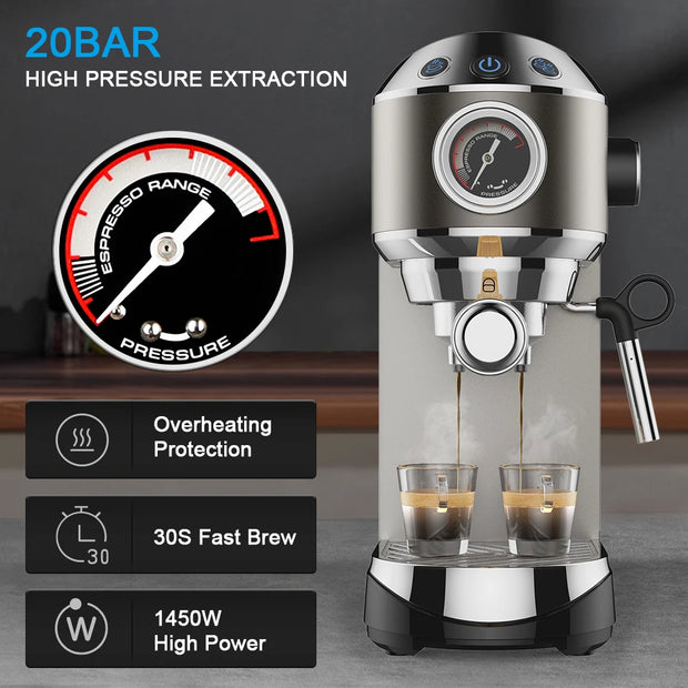 Koffiemachine - 20Bar - 220V - 1350W - Met Melkopschuimer - Semi-automatisch - Voor Espresso, Cappuccino, Latte en Mokka - Grijs - QUORE