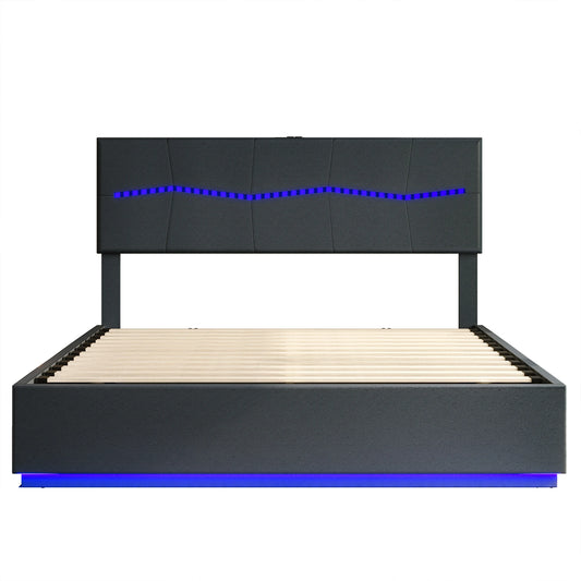 Led Boxspringbed – Tweepersoonsbed – Opbergruimte Bed – Sfeerverlichting Bed – Hydraulisch Systeem – PU-Leren Hoofdbord