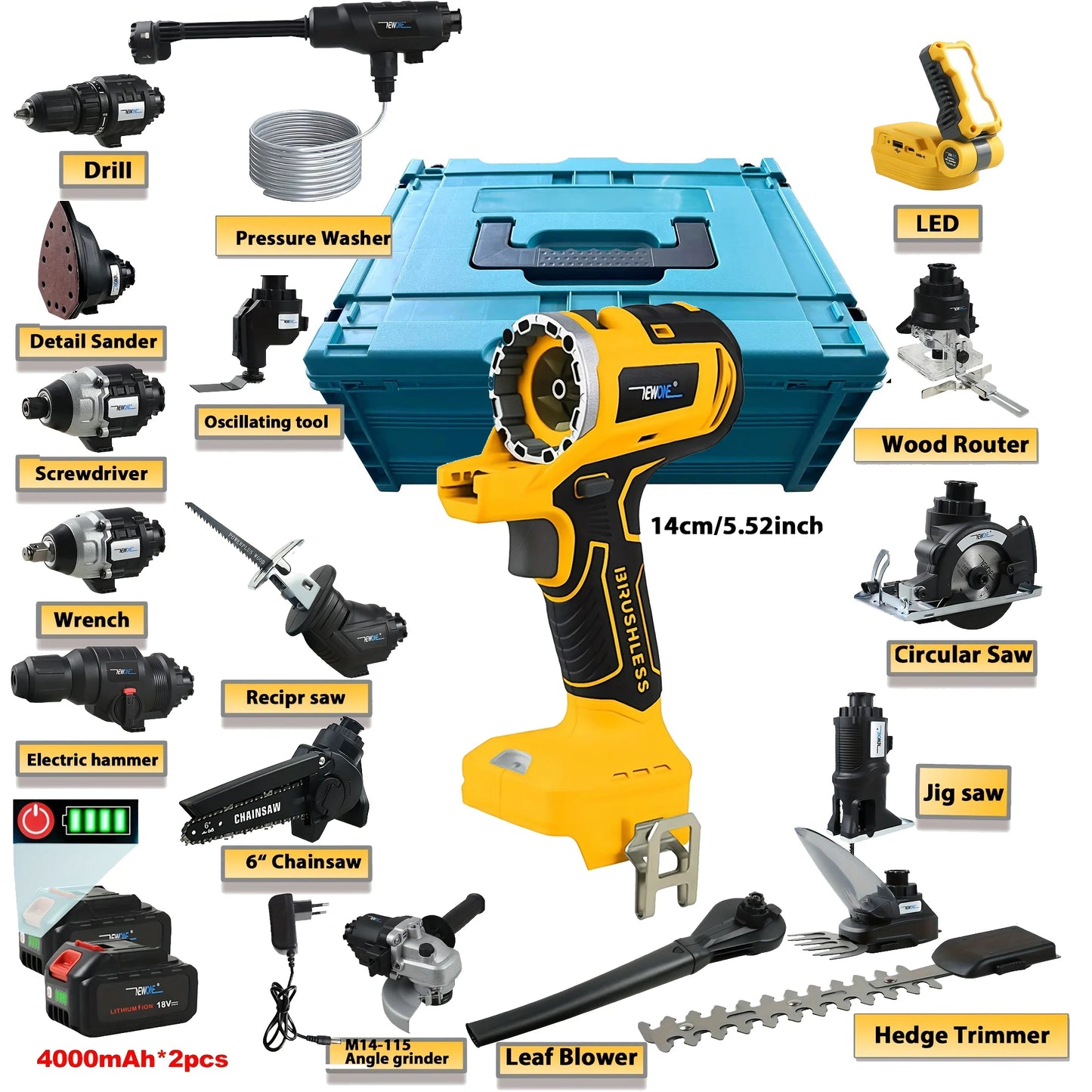 Professional 17-in-1 Brushless Power Tool Kit with 2×18V Lithium Battery Portable tool Case Cordless Power Tool Combo kit W/LED