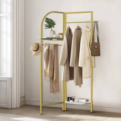 Gouden Hoekkledingrek - Stevig Vrijstaand Kledingrek - Metalen Kapstok voor Hal en Slaapkamer - Robuust Gouden Kledingrek - Hoekkast met Planken - Ideaal voor Woonkamer