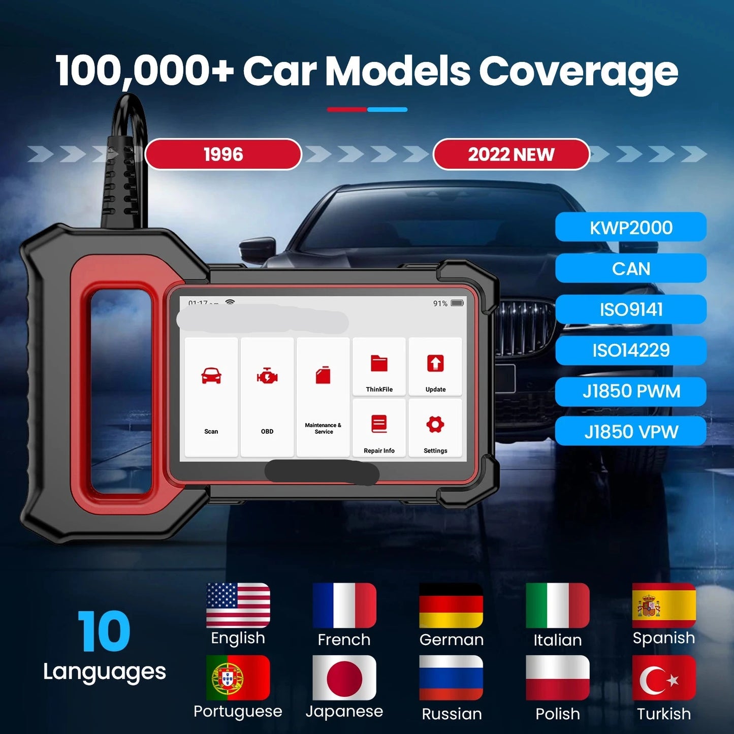 OBD2 Scanner - OBD - Diagnosecomputer - Uitleesapparatuur Auto -  Auto Accessoires - Storing Verwijderen - Auto Uitlezen - 3 Reset Services - Systeem Scanner - 7" Touchscreen - QUORE