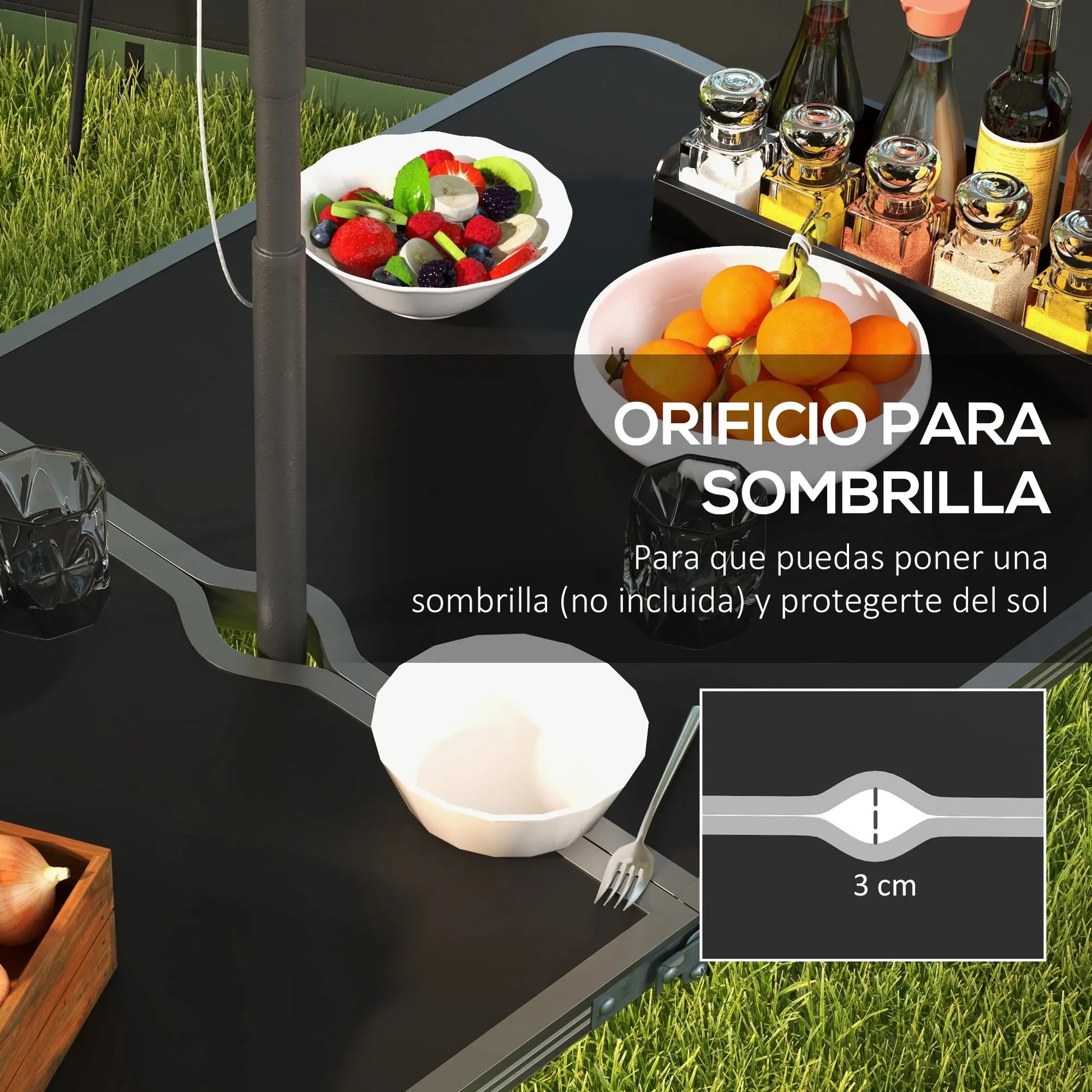 Vouwbare Campingtafel met Stoelen Set - 5-delige Zwart - Verstelbare Hoogte en Umbrella Hole - QUORE