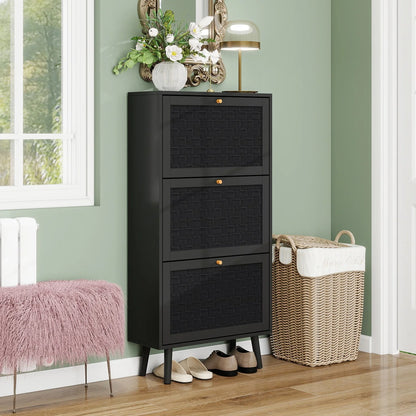 Schoenenkast – Schoenopberger – Schoenrek – Schoenmeubel – Modulaire Indeling – Krasbestendig MDF – Handgemaakte Geweven Deuren - 60 x 24 x 121 cm - Zwart