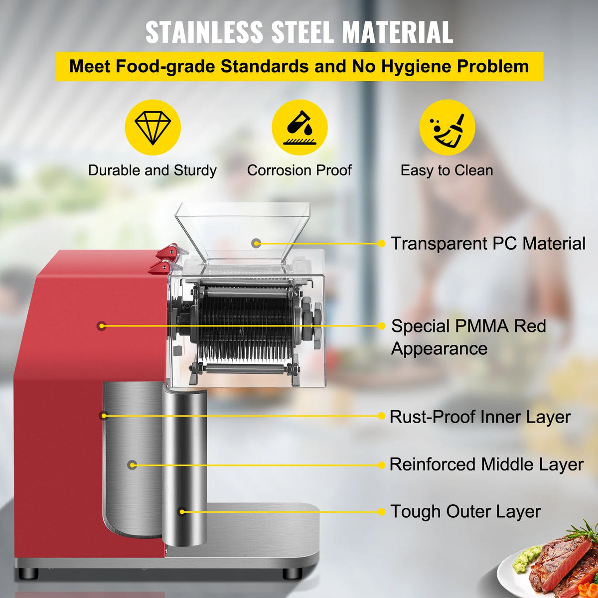 Vleesmolen - Keukenmachine - Keukenrobot - Groentesnijder - 850W - 50Hz - 1440 RPM - Bladruimte 10 mm - Foodprocessor - Gehaktmolen - Rood - QUORE