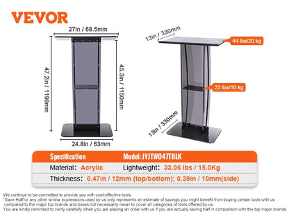 SucceBuy 47" Acrylic Podium Stand Floor-Standing Clear Pulpit Acrylic Desktop Lecterns w/ Storage Shelf for Church Office School