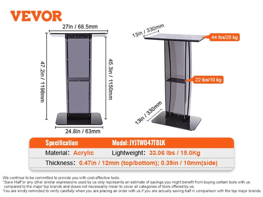 SucceBuy 47" Acrylic Podium Stand Floor-Standing Clear Pulpit Acrylic Desktop Lecterns w/ Storage Shelf for Church Office School