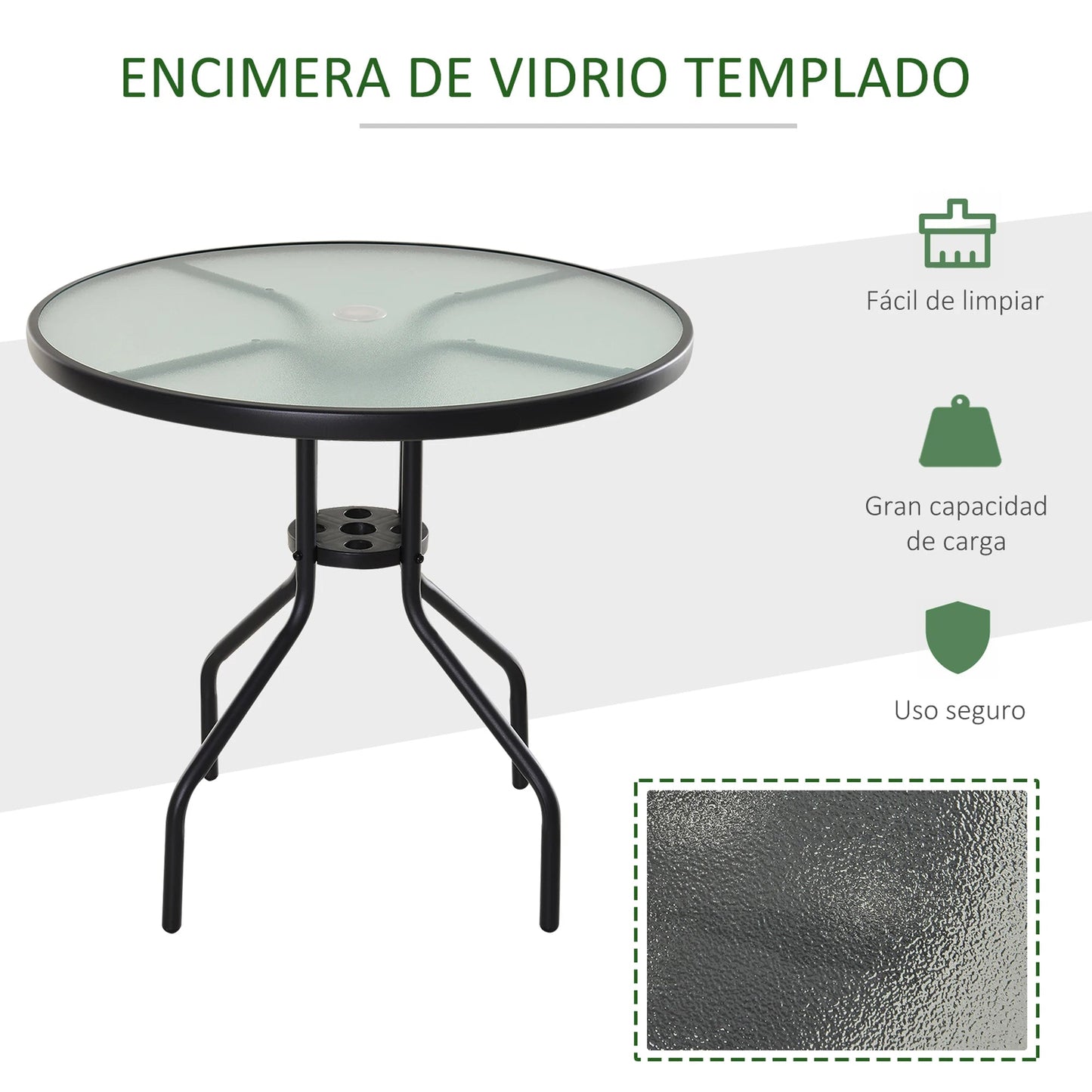 Tuintafel - Tuintafel Rond - Bijzettafeltje - Metaalenbijzettafel - Bistrotafel - Salontafel - met Gat voor Paraplu - voor Terras - Tuin - Ø80 x 72 cm - Zwart - QUORE