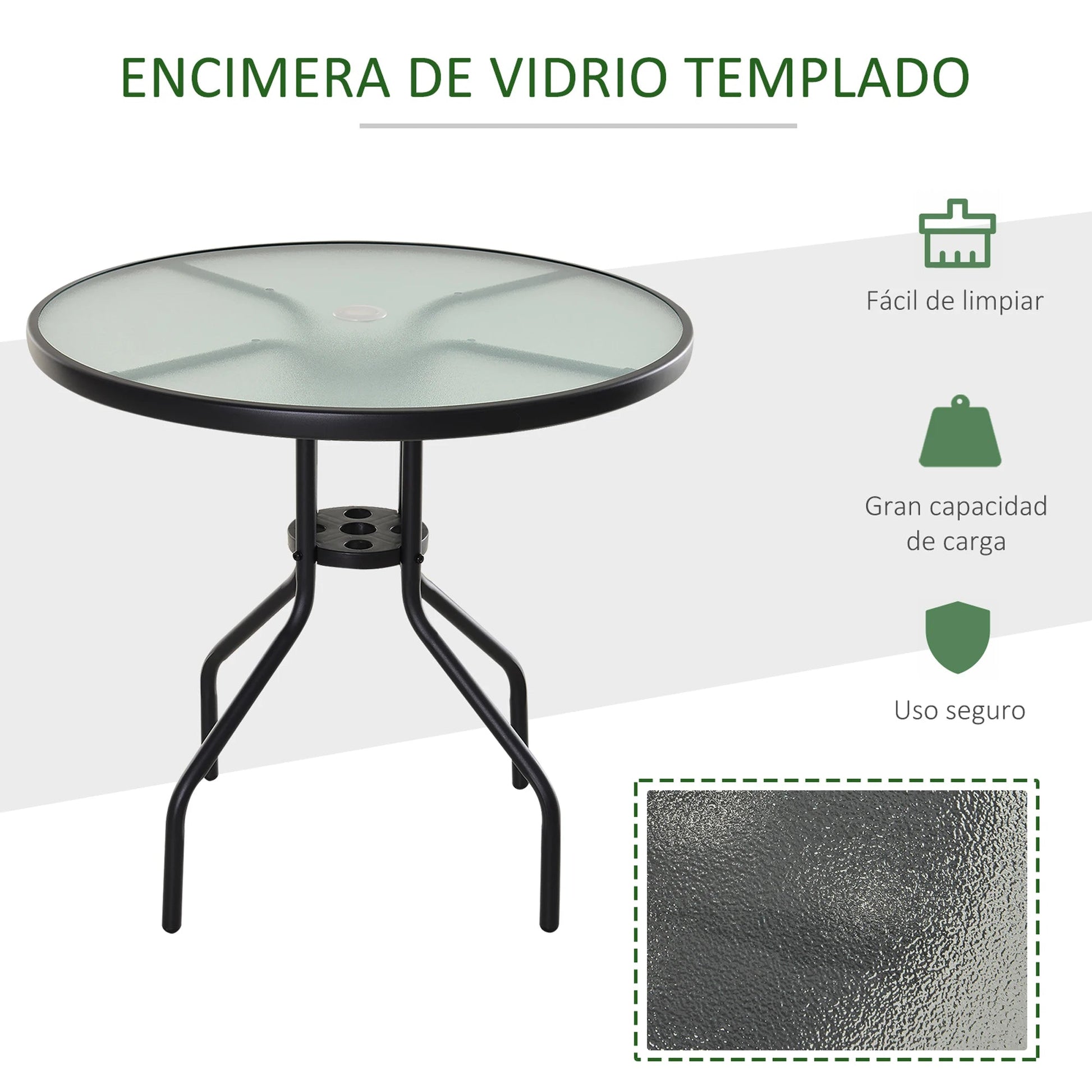 Tuintafel - Tuintafel Rond - Bijzettafeltje - Metaalenbijzettafel - Bistrotafel - Salontafel - met Gat voor Paraplu - voor Terras - Tuin - Ø80 x 72 cm - Zwart - QUORE