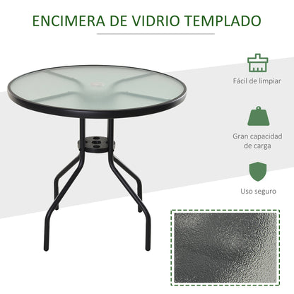 Tuintafel - Tuintafel Rond - Bijzettafeltje - Metaalenbijzettafel - Bistrotafel - Salontafel - met Gat voor Paraplu - voor Terras - Tuin - Ø80 x 72 cm - Zwart - QUORE