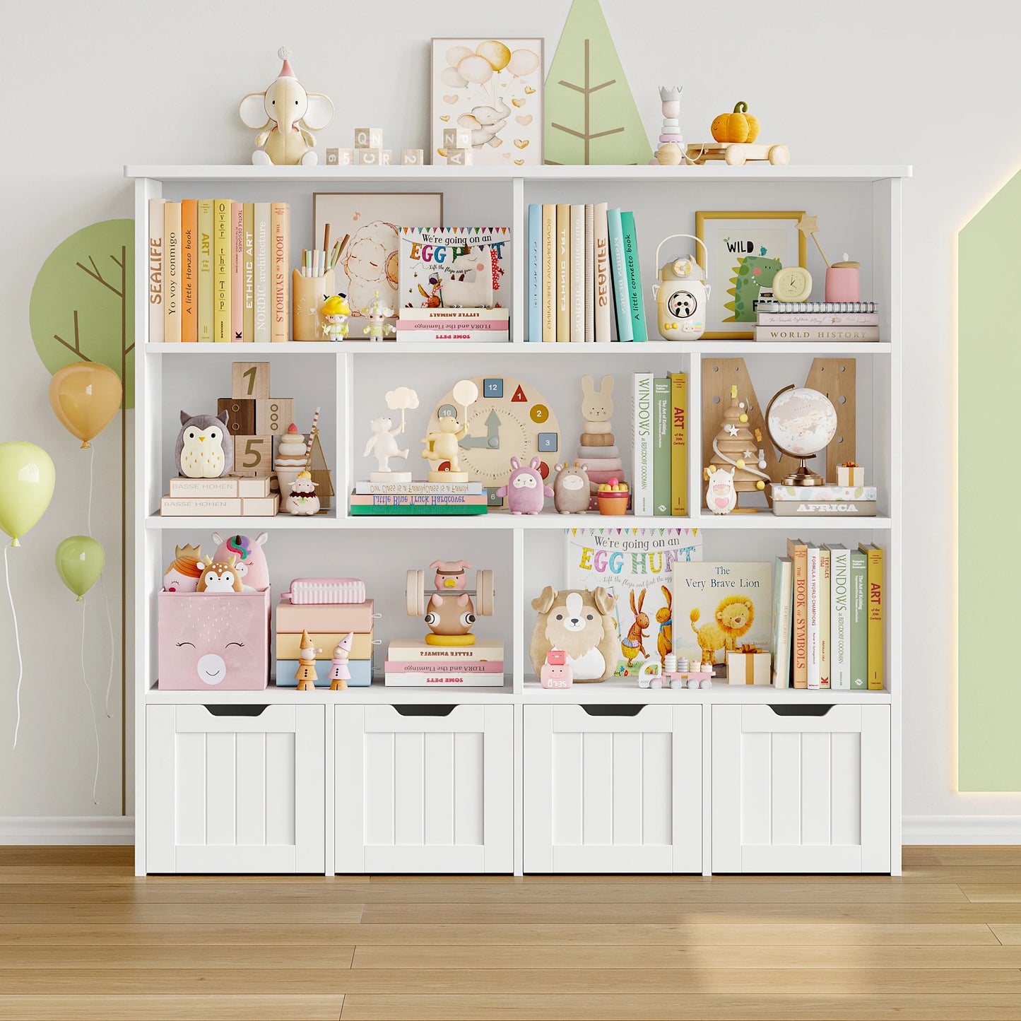 Speelgoedopberger – Speelgoedkast – Kinderboekenkast – Opbergrek – Speelgoed Organizer – Wit – Ruim Met 8 Open Vakken En 4 Lades Op Wieltjes – Gemaakt Van Stevig Hout - QUORE