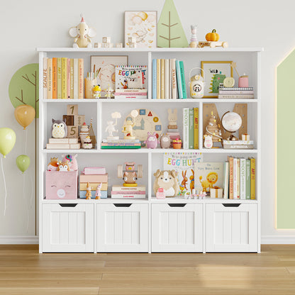 Speelgoedopberger – Speelgoedkast – Kinderboekenkast – Opbergrek – Speelgoed Organizer – Wit – Ruim Met 8 Open Vakken En 4 Lades Op Wieltjes – Gemaakt Van Stevig Hout - QUORE