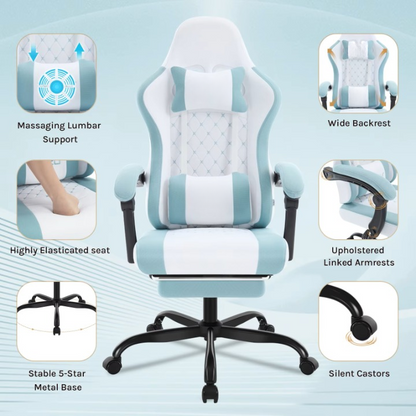 Gaming Stoel - Massage Gaming Stoel - Bureaustoel - Swivel Stoel - met Voetsteun - Hoofdsteun - Verstelbare - Rugleuning - Lendenkussen - Ergonomische - Draaibare - 70 x 70 x 127 cm - Wit & Blauw