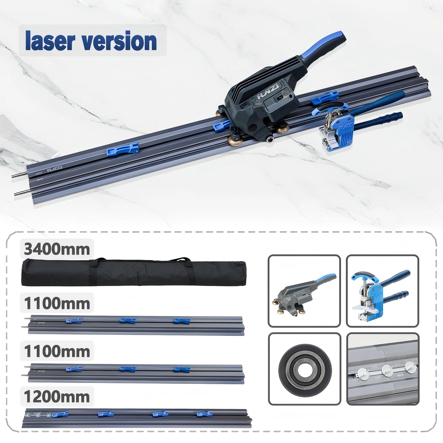 Handmatige Tegelsnijder - Tegelsnijmachine - Tegelsnijder - Grote Formaat Tegels - 3400mm - met Lasergeleider - Connectable Slim System - met Zuignappen en Draagtas