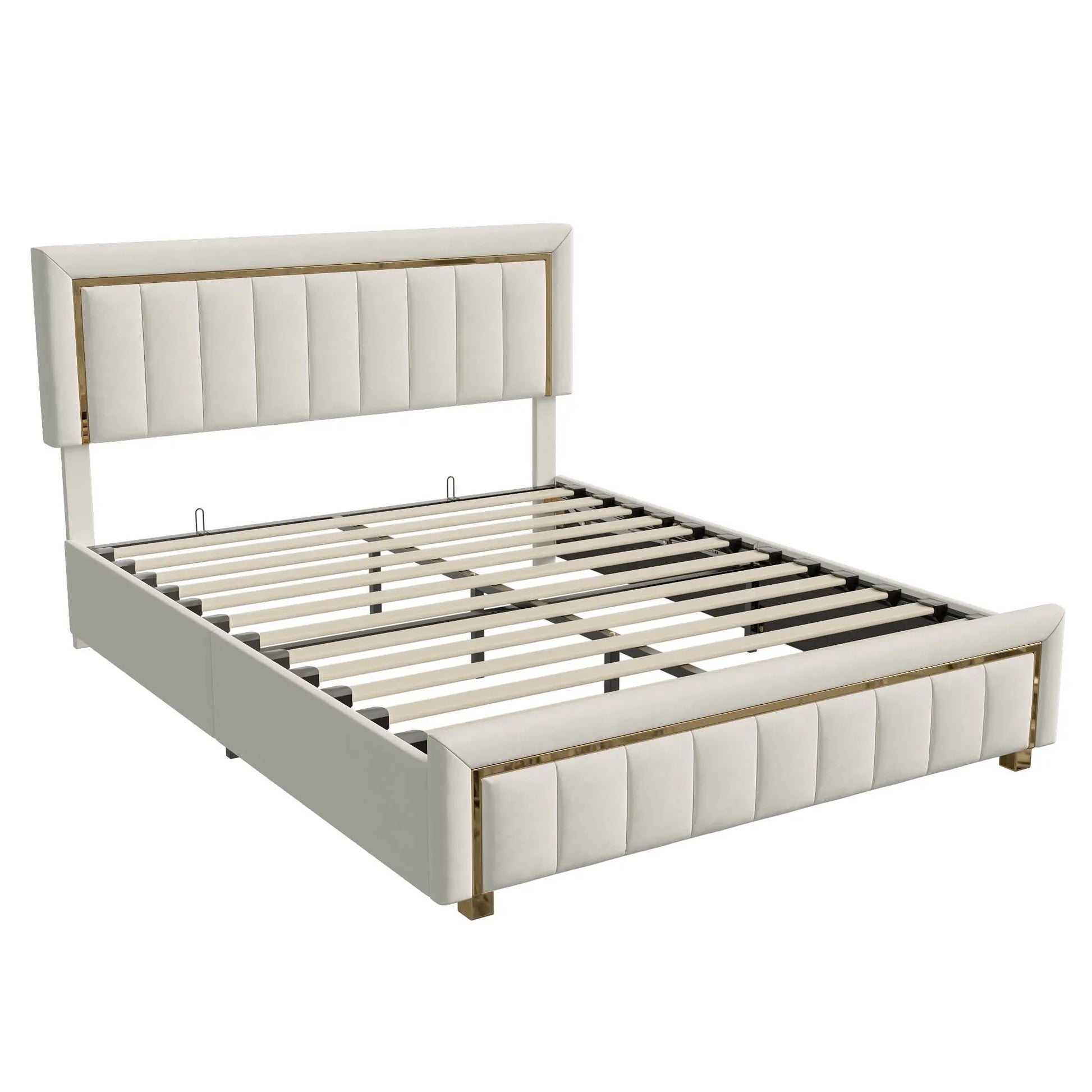 Modern Velours Bed – Boxspring Bed – Slaapbank – Stapelbed – Bedframe – Ivory – Ruime Opbergruimte Met Hydraulisch Systeem – Duurzaam Massief Houten Frame - QUORE