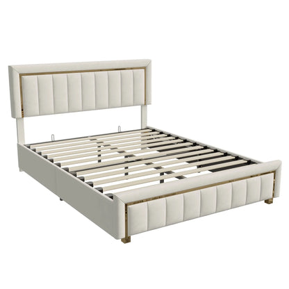 Modern Velours Bed – Boxspring Bed – Slaapbank – Stapelbed – Bedframe – Ivory – Ruime Opbergruimte Met Hydraulisch Systeem – Duurzaam Massief Houten Frame - QUORE