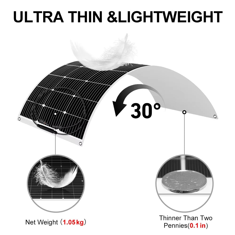 Flexibel Zonnepaneel – Semi Flexibel Paneel – Draagbaar Zonnepaneel – Lichtgewicht Solar – 100 Watt Vermogen – IP65 Waterdicht - QUORE